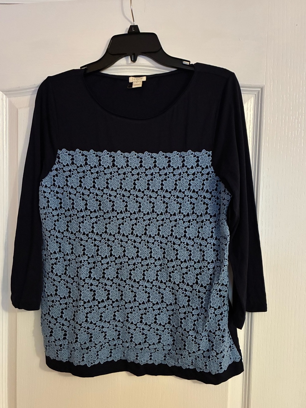 J Crew Navy Top with Light Blue Eyelet Overlay